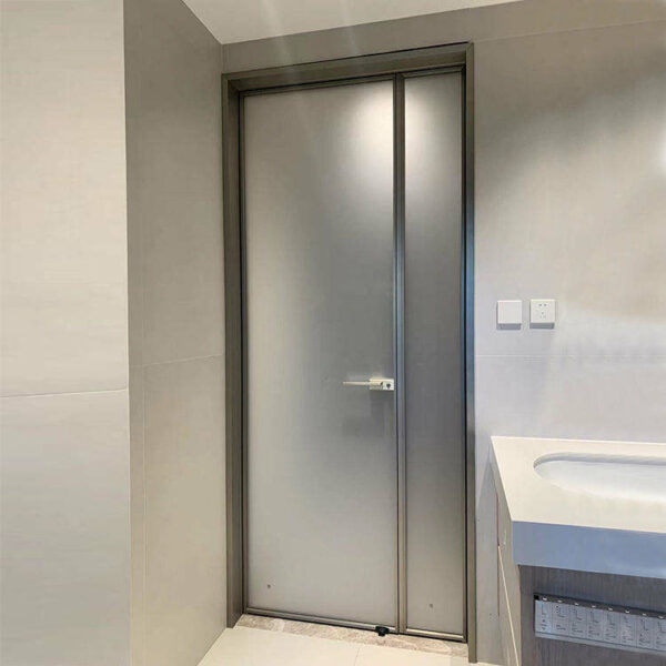 5 - Hotel Project Modern Double Frosted Glass Interior Bathroom Door Black And White Narrow Frame Aluminum Swing Door