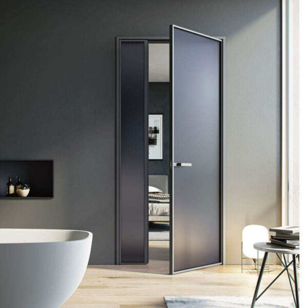6 - Hotel Project Modern Double Frosted Glass Interior Bathroom Door Black And White Narrow Frame Aluminum Swing Door