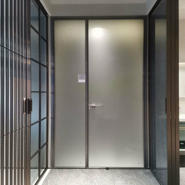 1 - Hotel Project Modern Double Frosted Glass Interior Bathroom Door Black And White Narrow Frame Aluminum Swing Door
